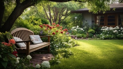 Antique garden bench enhances backyard