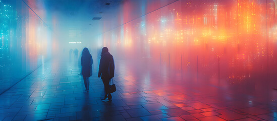Immersive Surreal Art Exhibit Visitors Enveloped in Imaginative Blur of Blue Sci Fi Landscapes and Abstract Sculptures