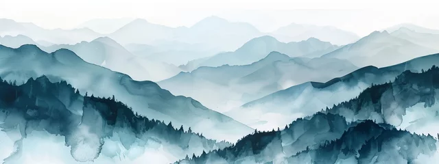 Fototapete Watercolor banner with mountains. Watercolor illustration background with a blue foggy mountains. © Ekaterina Chemakina