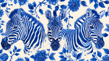 Three zebras are painted on a blue and white background. The zebras are positioned in a way that they appear to be looking at the viewer. The blue and white color scheme creates a sense of calm - obrazy, fototapety, plakaty