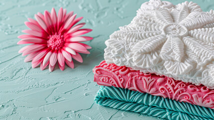 A pink and white flower sits on top of a stack of three different colored towels. The towels are arranged in a pyramid shape, with the pink towel on the bottom, the white towel in the middle
