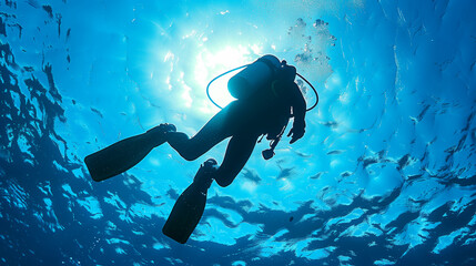 A man is scuba diving in the ocean. The water is clear and the sun is shining brightly