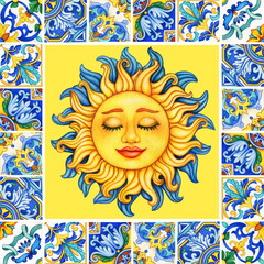 watercolor hand drawn colorful italian tiles and sun face