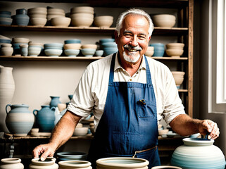 An older man standing in a pottery studio, surrounded by various clay pots and vases. - Powered by Adobe