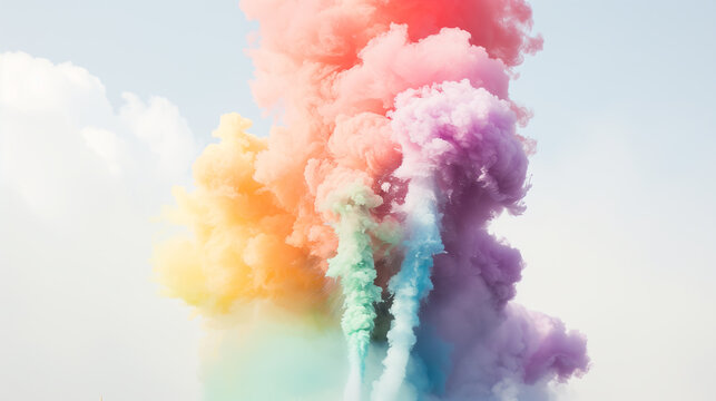 A colorful cloud of smoke with a rainbow of colors. The smoke is billowing and the colors are vibrant and bright. Concept of energy and excitement, as if the smoke is dancing and swirling in the air