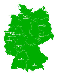 Germany, political map in the green color of a soccer field. German football cities of the 2024 European championship, shown on a map with green country shape and white borders of the federal states. - 783111142