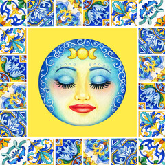 Fototapeta premium watercolor hand drawn colorful italian tiles and sun face