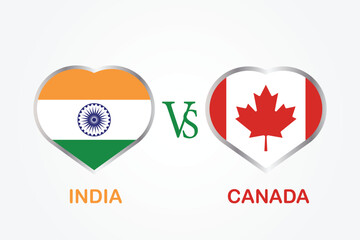 India vs Canada, Cricket Match concept with creative illustration of participant countries flag Batsman and Hearts isolated on white background.
