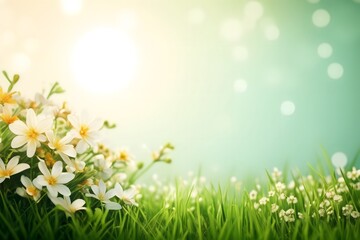 Obraz na płótnie Canvas Green spring background with copy space for text, spring flowers background ready for design and text