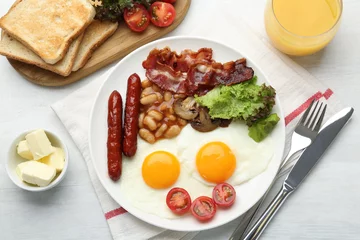 Fotobehang Delicious breakfast with sunny side up eggs served on white table, flat lay © New Africa