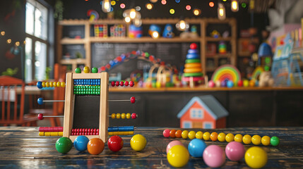 Play room with toys and blackboard with abacus - obrazy, fototapety, plakaty