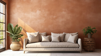 Fototapeta na wymiar Terra cotta sofa against french window near beige stucco wall. Scandinavian style home interior design of modern living room. Generative AI