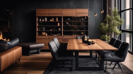 Black chairs and leather sofa at wooden dining table. Interior design of modern dining room. technology. Generative AI