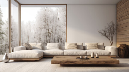 Minimalist style home interior design of modern living room. White corner sofa and rustic wooden coffee table against floor to ceiling window. Generative AI