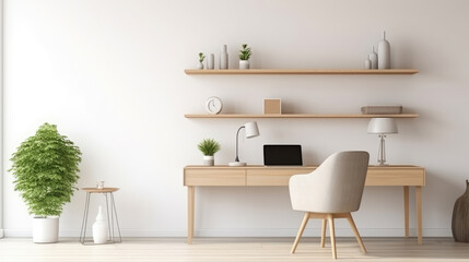 Modern home office with wooden desk and office chair against of white wall. Scandinavian interior...