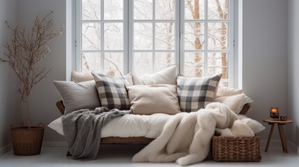 Stylish and cozy reading nook. Sofa with cushions and blanket against of grid window. Scandinavian style interior design of modern living room. Generative AI