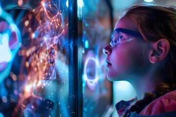 A young girl is looking at a computer screen with a bright, colorful display. Concept of wonder and excitement as the girl gazes at the screen, possibly exploring a new game or learning something new - obrazy, fototapety, plakaty