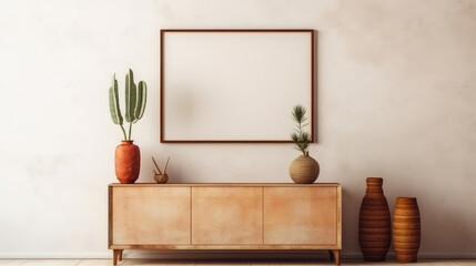 Rustic wooden dresser near stucco wall with blank mockup poster frame with copy space. Boho interior design of modern living room. Generative AI