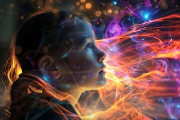 A girl is looking at a colorful, swirling light. The light is bright and colorful, and it seems to be moving around her