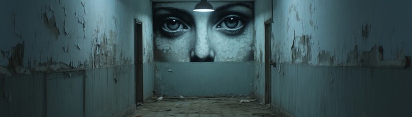 A pair of eyes glowing in the darkness of an abandoned asylum hallway The walls are peeling - obrazy, fototapety, plakaty