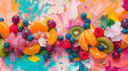 Fototapeta na wymiar Fruit Explosion: Vibrant Mixed Fruits on Abstract Colorful Artistic Background for Fresh Food Concepts and Culinary Art