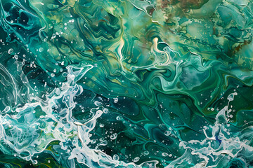 Fototapeta na wymiar The painting is of a wave crashing on a rocky shore. The colors are bright and vibrant, creating a sense of energy and movement. The brushstrokes are thick and bold. Generative AI