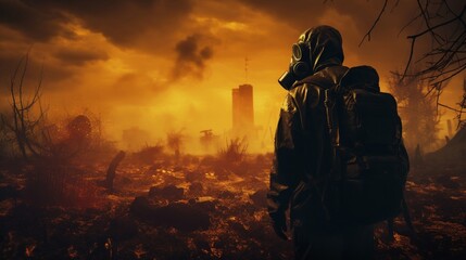 Explorer navigating a toxic wasteland wearing a gas mask and carrying a Geiger counter 3D render image with a silhouette lighting effect to emphasize the danger and uncertainty of the environment - obrazy, fototapety, plakaty