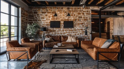 Industrial themed living room with brown leather couches and exposed brick wall in a modern loft