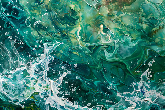 The painting is of a wave crashing on a rocky shore. The colors are bright and vibrant, creating a sense of energy and movement. The brushstrokes are thick and bold. Generative AI