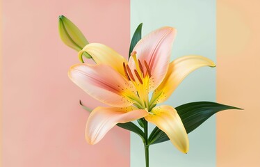 Naklejka premium Beautiful blooming lily flower minimalist fantasy background, A bouquet of lilies in a vase in daylight, fresh light pink yellow white color lily flower poster nature background,