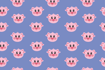 Fototapeta premium Seamless pattern with kawaii head of pig, piggy, cutie swine, piglet. Cute vector wallpaper for nursery, print or textile for kids on blue background