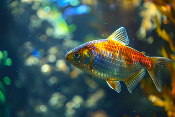 Fototapeta premium The fish is swimming with other fish. The fish is orange and has black spots on its head. Generative AI