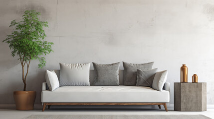 Grey sofa near wall with abstract art poster. Minimalist interior design of modern living room. Generative AI