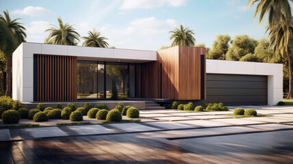Modern ranch style minimalist cubic house with garage and landscaping design front yard....