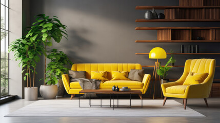Cozy interior design of modern living room with yellow sofa and armchair. Generative AI