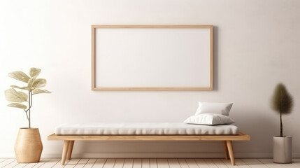 Bench and mock up poster frame in mid-century style room. Home interior design. Generative AI