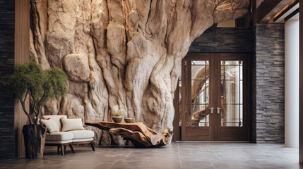 Big decorative stone and wooden tree trunk wall decor in luxury hallway. Rustic decorated home interior design of modern entrance hall with door in chic villa. Generative AI