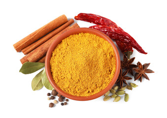 Curry powder in bowl and other spices isolated on white, top view