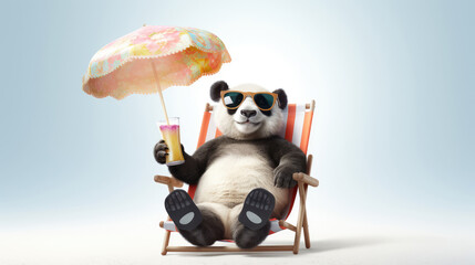 Funny panda bear wearing stylish sunglasses, holding glass with drink on beach chair isolated over white background. Summer holiday and vacation concept. Generative AI