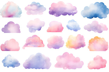 Watercolor pink and blue clouds isolated on transparent background