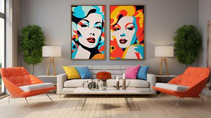 Pop art style interior design of modern living room with two beige sofas. Generative AI