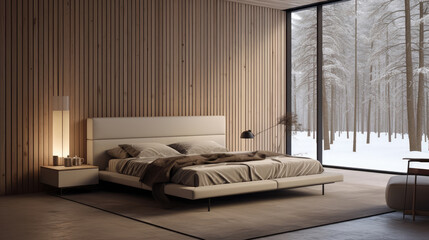 Scandinavian interior design of modern bedroom with wooden paneling walls. Generative AI
