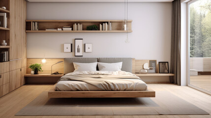 Cozy interior design of modern bedroom with wooden bed and shelves. Generative AI