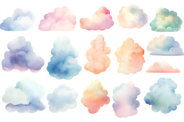 Watercolor pink and blue clouds isolated on transparent background