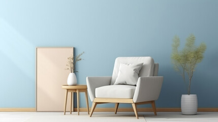 Beige armchair and mock up poster on blue wall. Interior design of modern living room. Generative AI