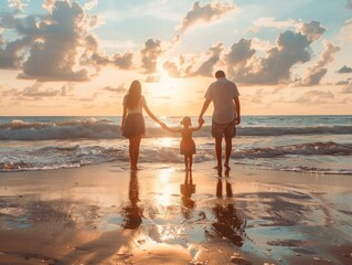 Family Enjoying Sunset Beach Walk, Silhouettes Holding Hands, Tranquil Ocean Reflections, Golden Sunlight, Bonding Moment, Quality Time in Nature - obrazy, fototapety, plakaty