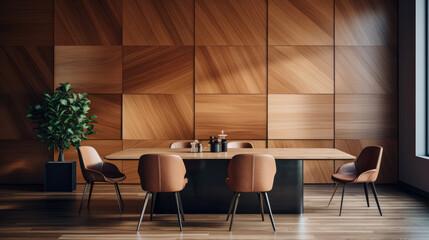 Brown leather chairs at wood dining table in room with abstract wood lining ceiling and paneling walls. Minimalist scandinavian interior design of modern dining room Generative AI