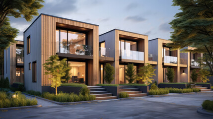 Modern modular private townhouses with wooden cladding. Residential architecture exterior. Generative AI