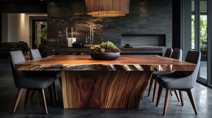 Fototapeta premium Natural wooden slab dining table and chairs near it. Interior design of modern living or dining room. Generative AI