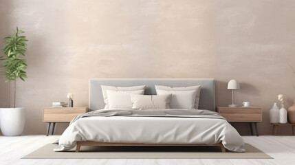 Scandinavian style interior design of modern bedroom with beige stucco wall with copy space....